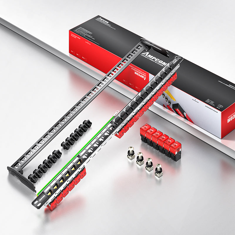 AMPCOM Unibody Cat5e/6/6a/7/8 Series 24 Ports Patch Panel, Front disassembly panel design, 19 inch RJ45 Ethernet 568A 568B, gold-plated pins, with Rear Cable Support Bar