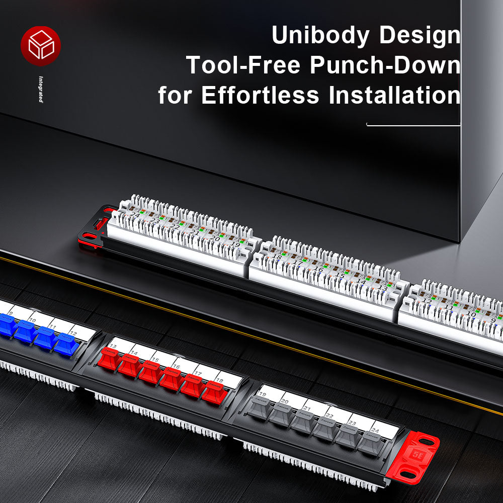 AMPCOM Unibody Cat5e/6/6a/7/8 Series 24 Ports Patch Panel, Front disassembly panel design, 19 inch RJ45 Ethernet 568A 568B, gold-plated pins, with Rear Cable Support Bar