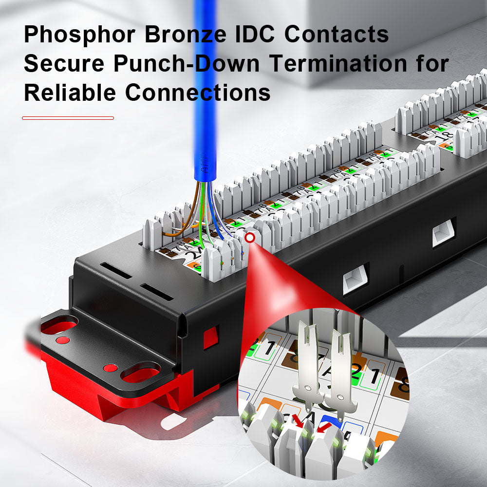 AMPCOM Unibody Cat5e/6/6a/7/8 Series 24 Ports Patch Panel, Front disassembly panel design, 19 inch RJ45 Ethernet 568A 568B, gold-plated pins, with Rear Cable Support Bar
