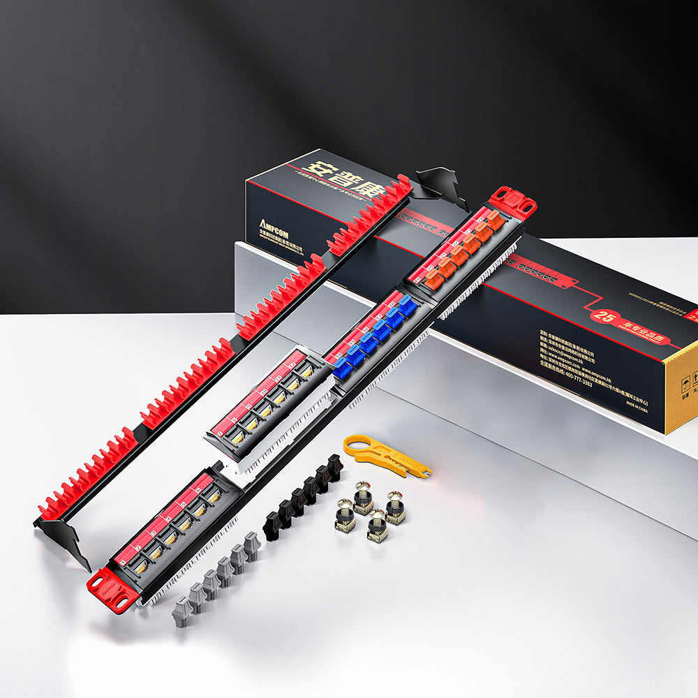 AMPCOM Front-Removable 1U 24-Port Unshielded Cat5e Patch Panel, 19-inch Rack Mount with Cable Management Rings