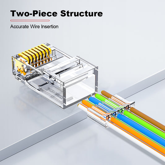 AMPCOM Two-Piece Cat6 RJ45 Connector, Gold-Plated Contacts, 1.1mm Conductor Hole Diameter