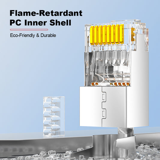 AMPCOM Cat6a W/ Tail Clip Shielded RJ45 Connector, Nickel-Plated Copper Shell, 1.3mm Conductor Hole