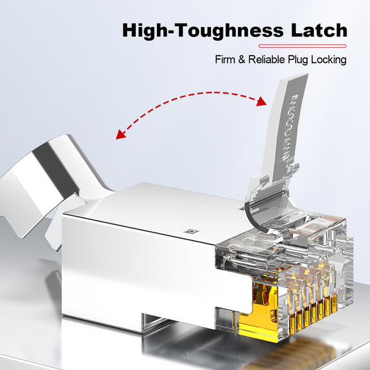 AMPCOM Cat6a W/ Tail Clip Shielded RJ45 Connector, Nickel-Plated Copper Shell, 1.5mm Conductor Hole