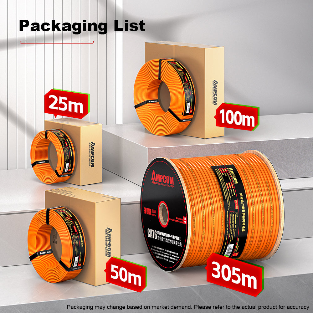 AMPCOM Cat6 Ethernet Bulk Cable, 1000ft (305m), 23AWG Solid Pure Bare Copper Wire, 250MHz, Unshielded (UTP), Orange PVC Sheath, with Reel, Supports PoE