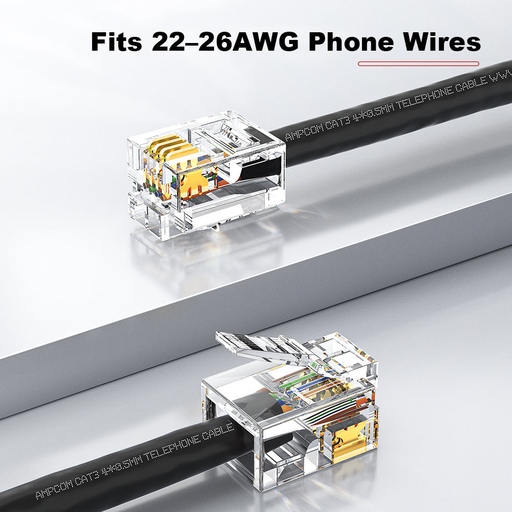 AMPCOM 6P2C RJ11 Connector, 15μm Gold-Plated Contacts, LG Flame-Retardant Housing