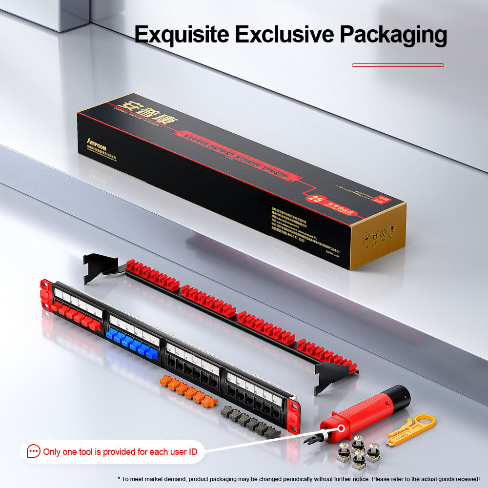 AMPCOM Unibody Cat5e/6/6a/7/8 Series 24 Ports Patch Panel, Front disassembly panel design, 19 inch RJ45 Ethernet 568A 568B, gold-plated pins, with Rear Cable Support Bar