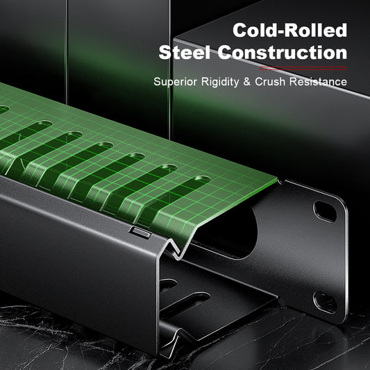 AMPCOM 1U 24-Slot 48-Port Cable Manager, Enlarged Duct, Reinforced Steel, Dual-Hinged Cover