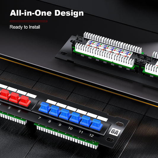 AMPCOM 12-Port Unshielded Patch Panel for Low-Voltage Cabinets, with Rear Mounting Bracket