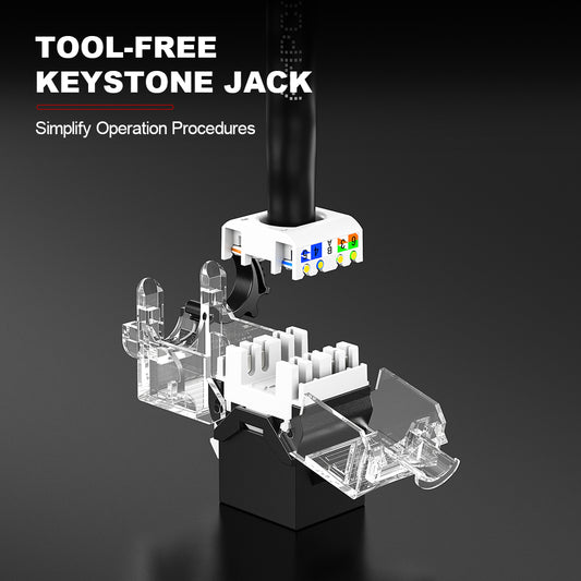 AMPCOM CAT6a Unshielded Tool-less Keystone Jack With Ratchet Lock Design, Grey Shell