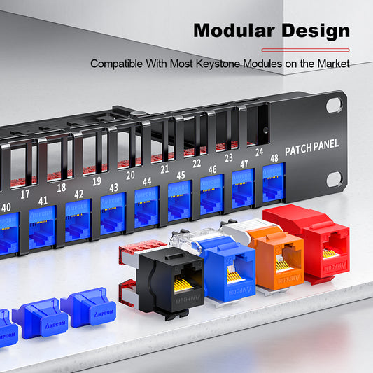 AMPCOM 1U 48‑Port Blank Patch Panel – SPCC Steel, Foldable Rear Cable Manager