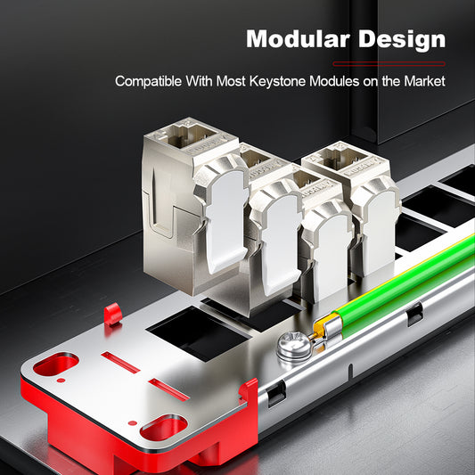 AMPCOM 1U 24-Port Shielded Pass-Through Modular Patch Panel, 19-inch Rack Mount with Cable Management Rings