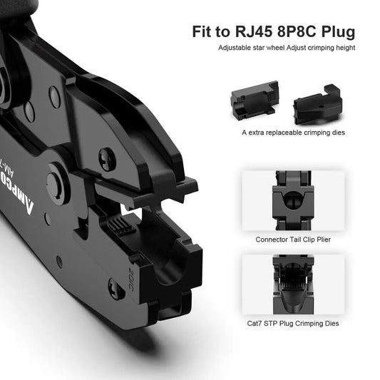 AM-788 One-step RJ45 Ratcheting Crimper Network Tool for Cat6A, Cat7 Shielded Connector with 2pcs Replaceable crimping dies