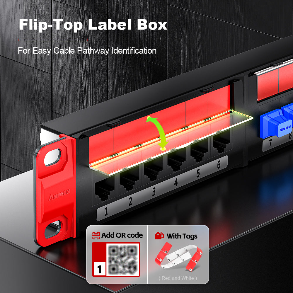 AMPCOM Front-Removable 1U 24-Port Unshielded Patch Panel, 19-inch Rack Mount with Cable Management Rings