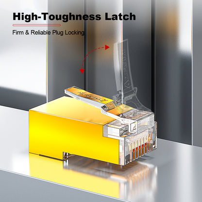 Conector RJ45 blindado Cat5e da AMPCOM, contatos banhados a ouro de 50 μm, blindagem de cobre anti-interferência, diâmetro do orifício do condutor de 1.0 mm.