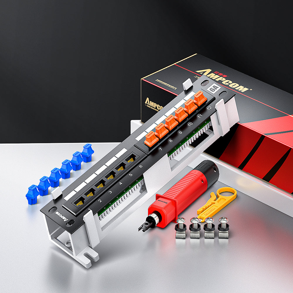 AMPCOM 12-Port Unshielded Patch Panel for Low-Voltage Cabinets, with Rear Mounting Bracket