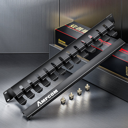 AMPCOM 1U 12-Slot 24-Port Cable Manager, Enlarged Duct, Reinforced Steel, Dual-Hinged Cover