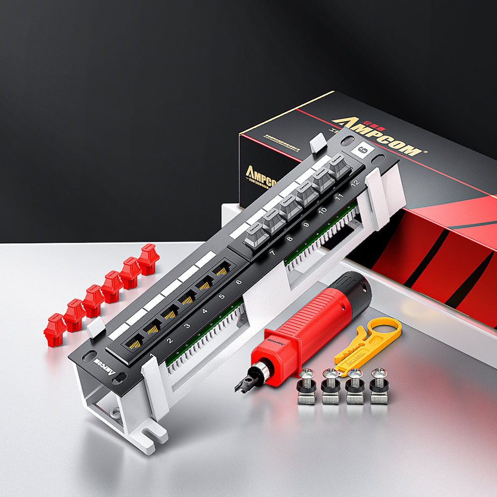 AMPCOM 12-Port Unshielded Patch Panel for Low-Voltage Cabinets, with Rear Mounting Bracket