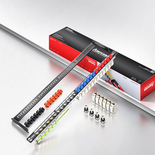 AMPCOM 0.5U 24-Port Shielded Pass-Through Modular Patch Panel, 19-inch Rack Mount with Cable Management Rings
