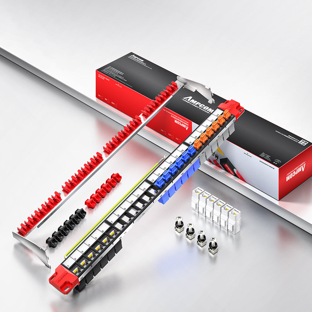 AMPCOM 1U 24-Port Unshielded Pass-Through Modular Patch Panel, 19-inch Rack Mount with Cable Management Rings