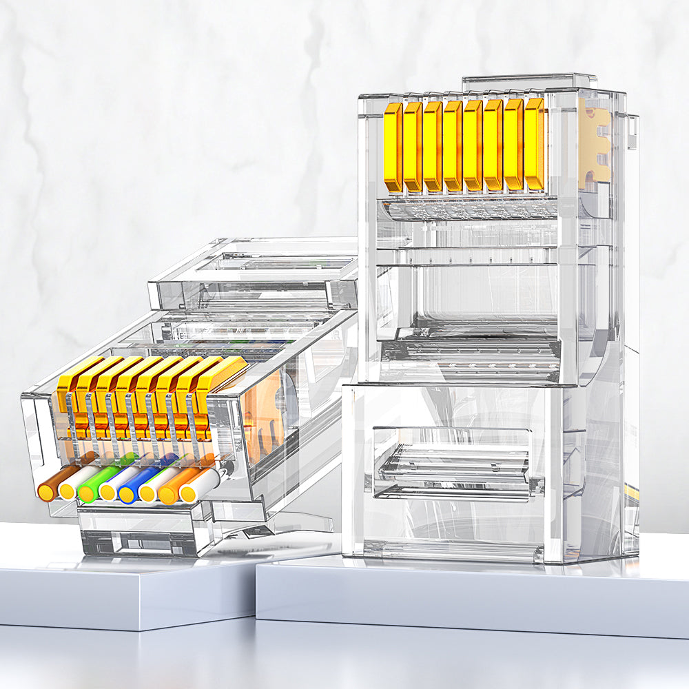 AMPCOM Cat5e Pass-Through Unshielded RJ45 Connector,Gold-Plated Contacts, 1.0mm Conductor Hole