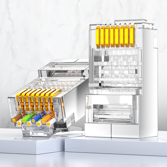 AMPCOM Cat6 Pass-Through Unshielded RJ45 Connector,Gold-Plated Contacts, 1.1mm Conductor Hole