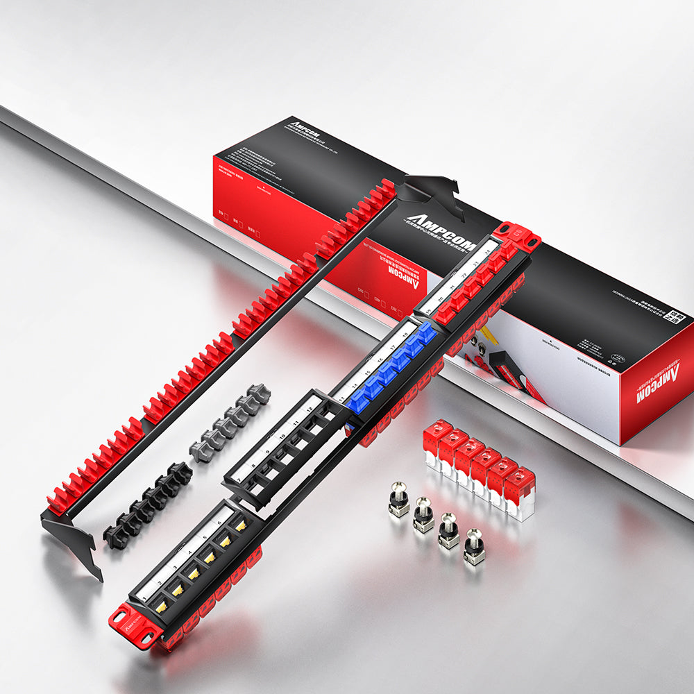 AMPCOM 1U 24-Port Modular Unshielded  Patch Panel, Toolless Keystone Jack, Front-Removable Panel Design, Reinforced Copper Ground Wire,19 Inch Rack Mount