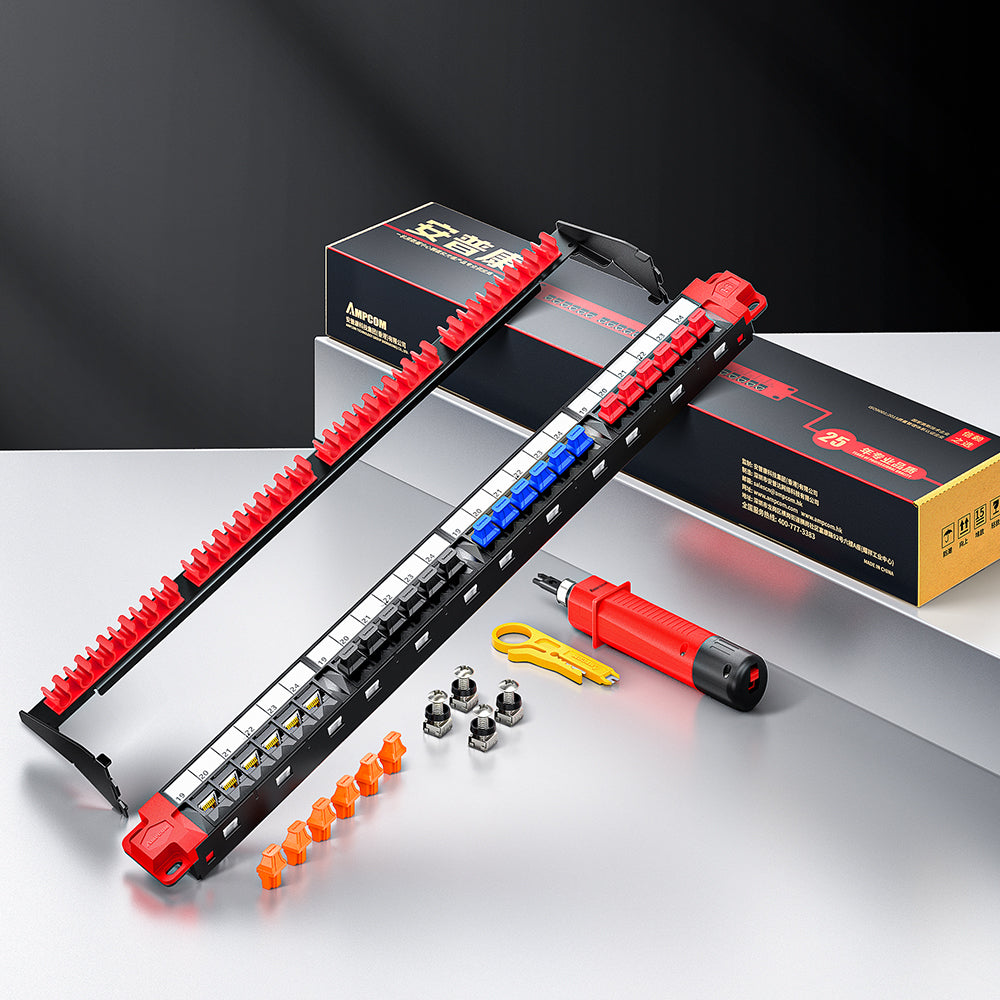 AMPCOM Premium 1U 24-Port Unshielded Patch Panel, 19-inch Rack Mount with Cable Management Rings