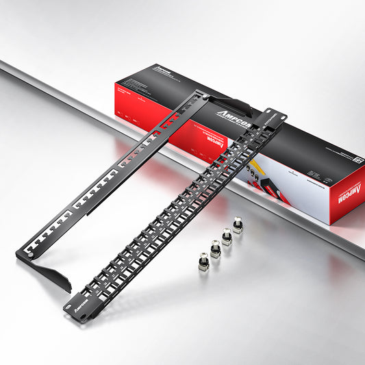 AMPCOM 1U 48‑Port Blank Patch Panel – SPCC Steel, Foldable Rear Cable Manager