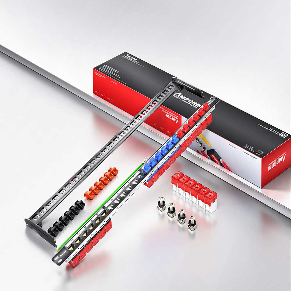 AMPCOM 0.5U 24-Port Modular Unshielded  Patch Panel, Toolless Keystone Jack, Reinforced Copper Ground Wire, 19 Inch Rack Mount