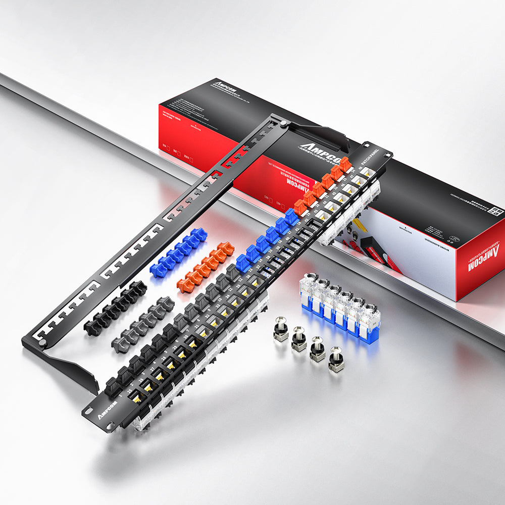 AMPCOM 1U 48-Port Unshielded Tool-Less Keystone Patch Panel, 19-inch Rack Mount with Cable Management Rings