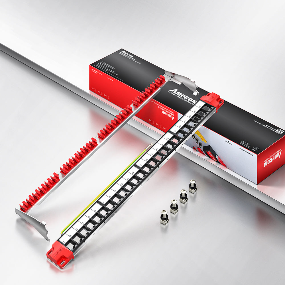 AMPCOM 1U 24‑Port Blank Patch Panel – SPCC Steel, Copper Ground Wire, Foldable Rear Cable Manager