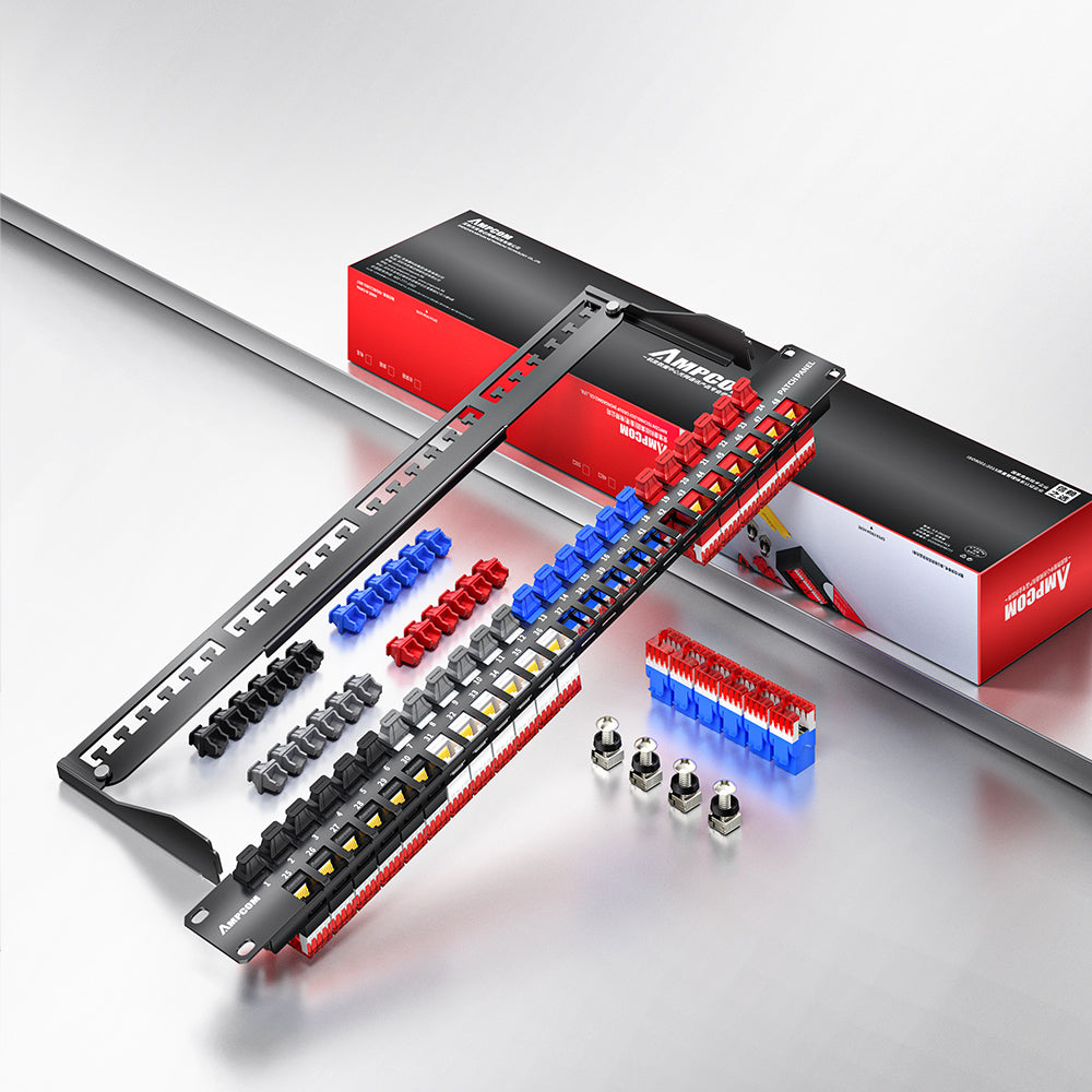 AMPCOM 1U 48-Port Unshielded 180° Punch-Down Keystone Patch Panel, 19-inch Rack Mount with Cable Management Rings