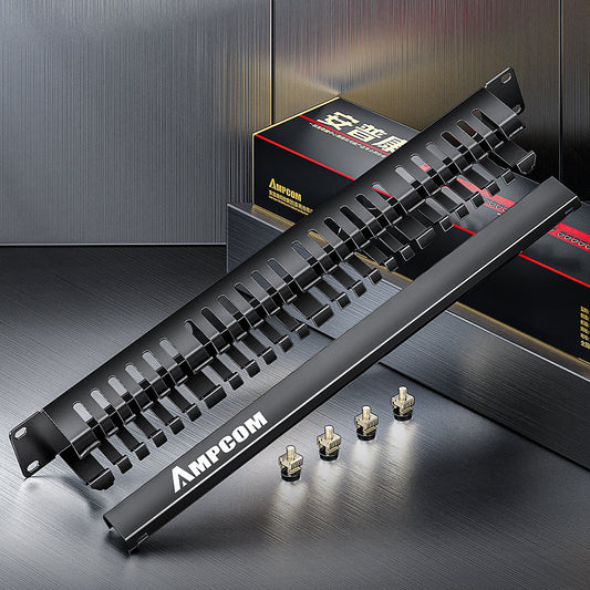AMPCOM 1U 24-Slot 48-Port Cable Manager, Enlarged Duct, Reinforced Steel, Dual-Hinged Cover