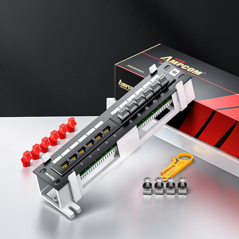 AMPCOM 12-Port Unshielded Patch Panel for Low-Voltage Cabinets, with Rear Mounting Bracket