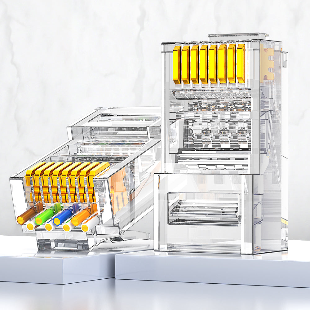 AMPCOM Cat6 Pass-Through Unshielded RJ45 Connector,Gold-Plated Contacts, 1.1mm Conductor Hole