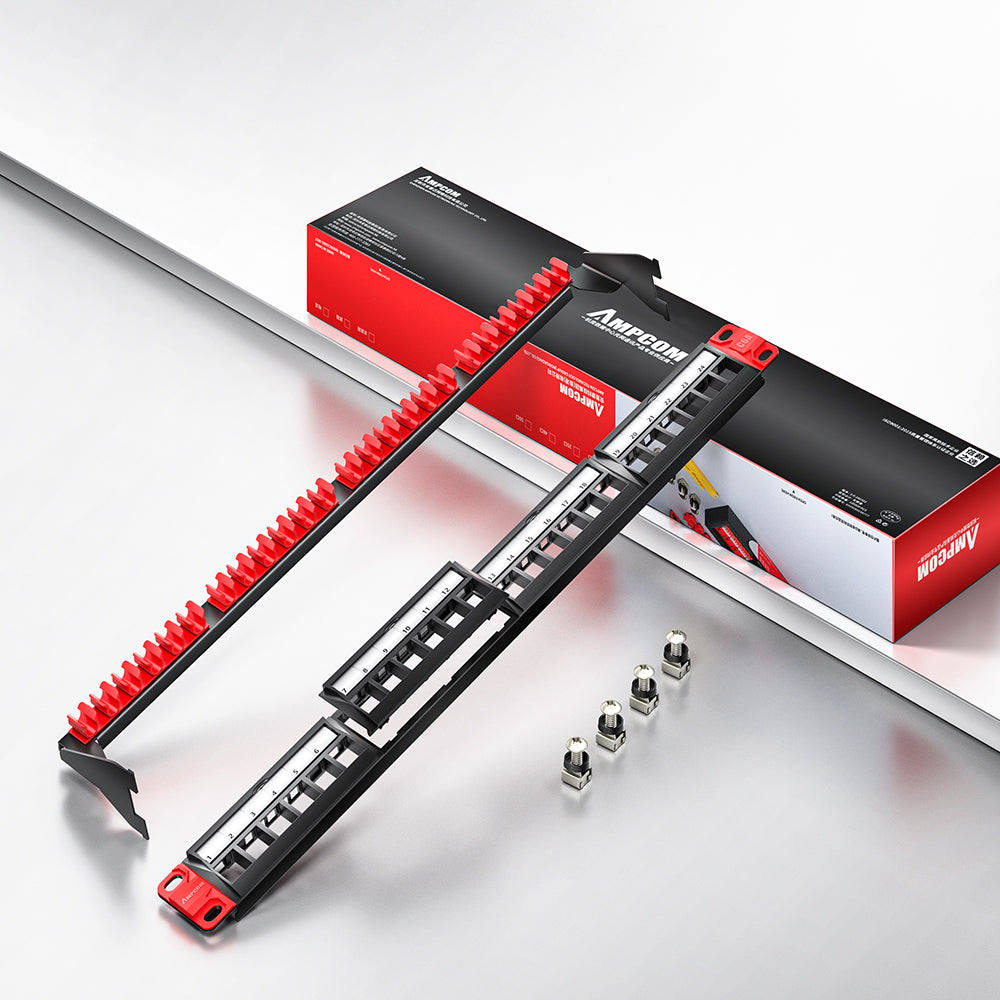 AMPCOM Front-Removable 1U 24‑Port Blank Patch Panel – SPCC Steel, Foldable Rear Cable Manager