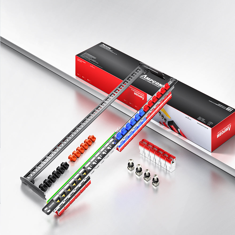 AMPCOM 0.5U 24-Port Unshielded 180° Punch-Down Keystone Patch Panel, 19-inch Rack Mount with Cable Management Rings