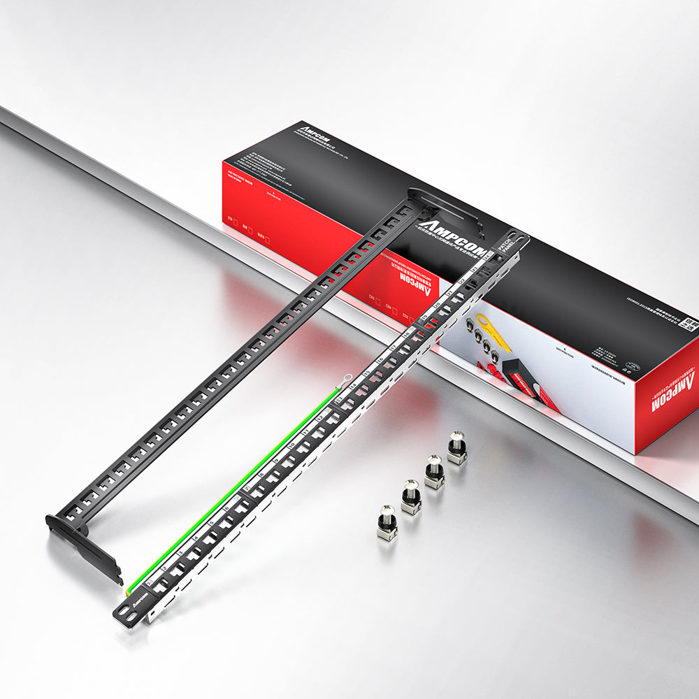 AMPCOM 0.5U 24‑Port Blank Patch Panel – SPCC Steel, Copper Ground Wire, Foldable Rear Cable Manager
