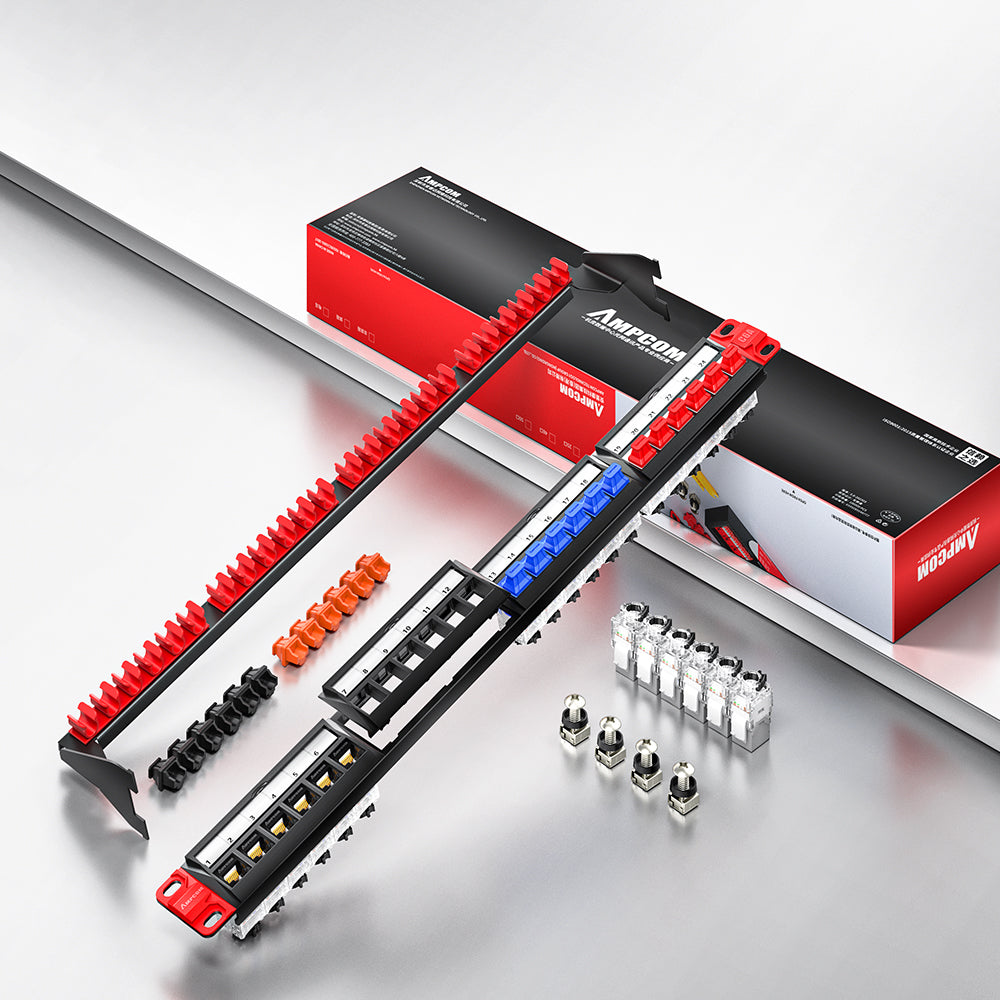 AMPCOM Front-Removable 1U 24-Port Unshielded Tool-Less Keystone Patch Panel, 19-inch Rack Mount with Cable Management Rings