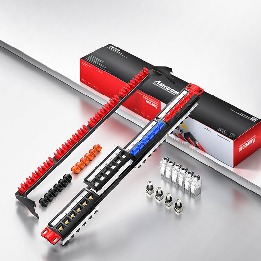 AMPCOM Front-Removable 1U 24-Port Unshielded Tool-Less Keystone Patch Panel, 19-inch Rack Mount with Cable Management Rings