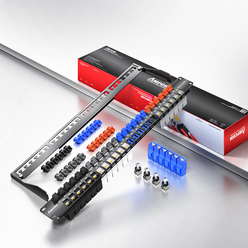 AMPCOM 1U 48-Port Unshielded Pass-Through Modular Patch Panel, 19-inch Rack Mount with Cable Management Rings