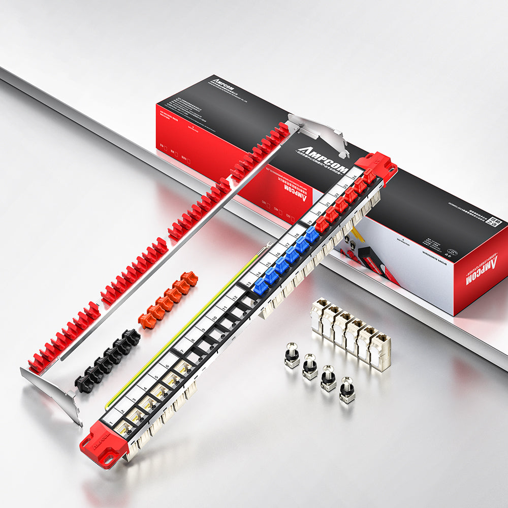 AMPCOM 1U 24-Port Shielded Pass-Through Modular Patch Panel, 19-inch Rack Mount with Cable Management Rings