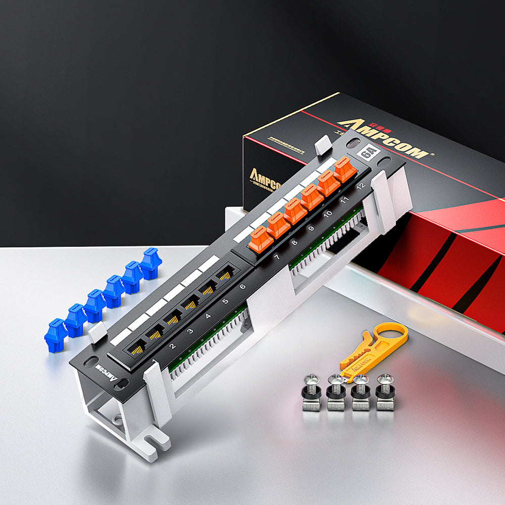 AMPCOM 12-Port Unshielded Patch Panel for Low-Voltage Cabinets, with Rear Mounting Bracket
