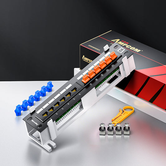 AMPCOM 12-Port Unshielded Patch Panel for Low-Voltage Cabinets, with Rear Mounting Bracket