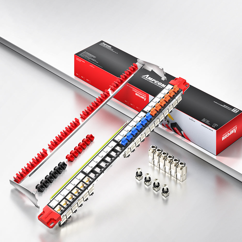 AMPCOM 1U 24-Port Shielded Tool-Less Keystone Patch Panel, 19-inch Rack Mount with Cable Management Rings
