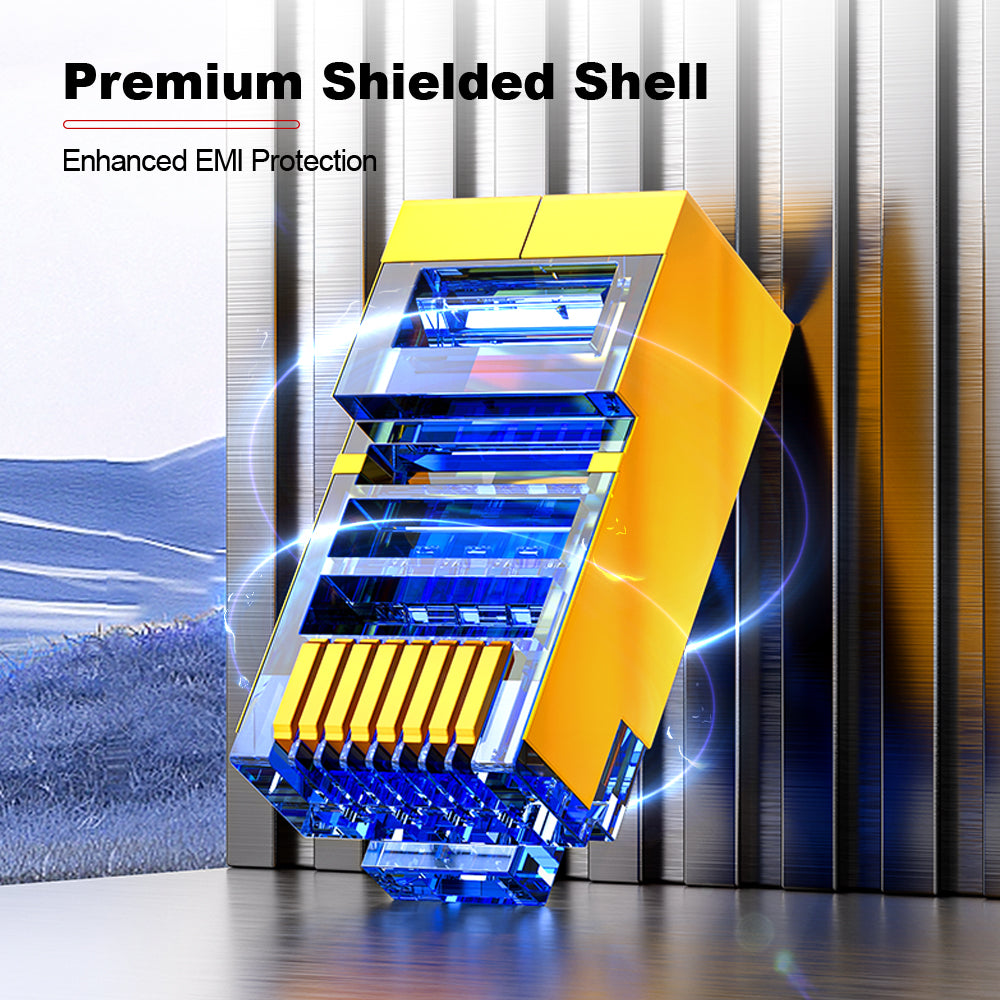 Conector RJ45 blindado Cat5e da AMPCOM, contatos banhados a ouro de 50 μm, blindagem de cobre anti-interferência, diâmetro do orifício do condutor de 1.0 mm.