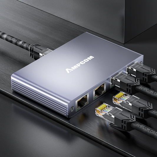 AMPCOM 1-to-4 RJ45 Network Cable Splitter – Gigabit Ethernet Port Expander