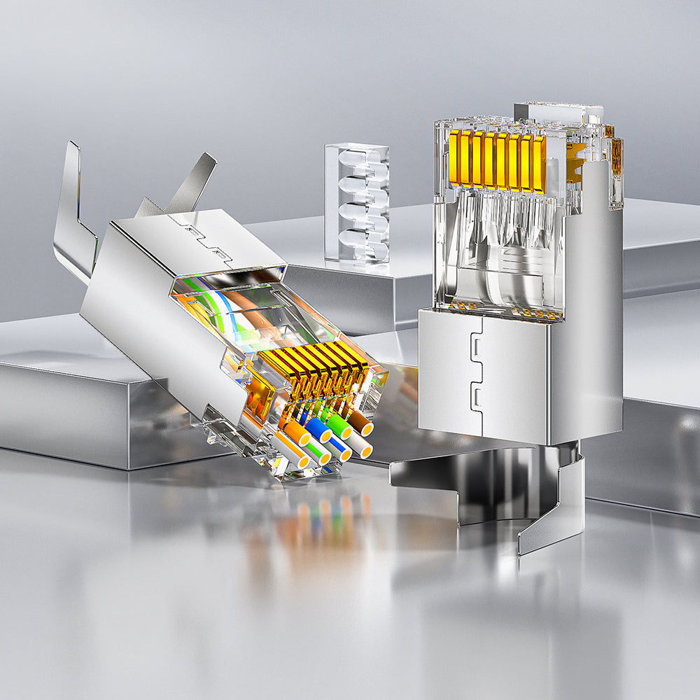 AMPCOM Cat7 Pass-Through W/ Tail Clip Shielded RJ45 Connector, Nickel-Plated Copper Shell, 1.5mm Conductor Hole