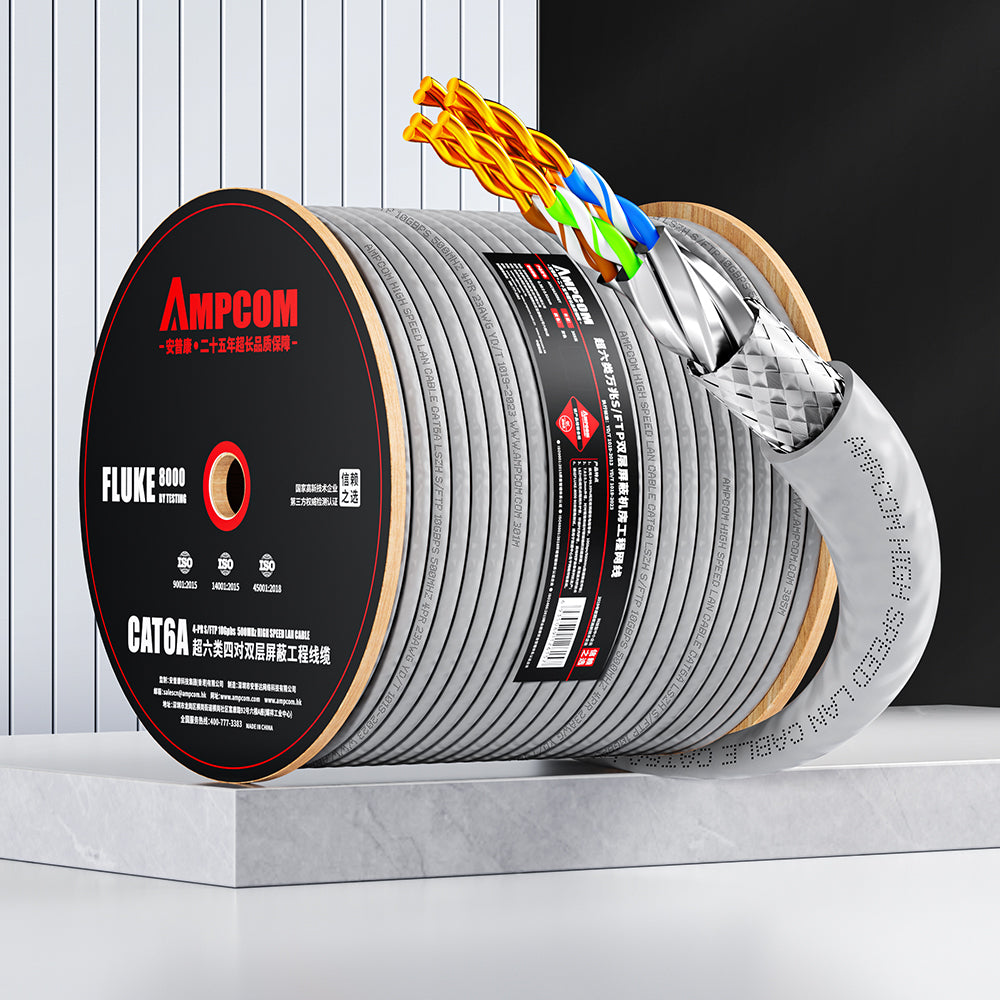 AMPCOM Cat6A Bulk Network Cable, 0.58±0.01mm Pure Copper Solid Wire, 500MHz, S/FTP,  Gray LSZH Sheath, 1000ft (305m) / Reel