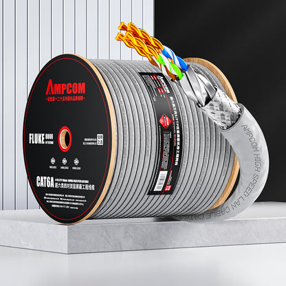 AMPCOM Cat6A Bulk Network Cable, 0.58±0.01mm Pure Copper Solid Wire, 500MHz, S/FTP,  Gray LSZH Sheath, 1000ft (305m) / Reel